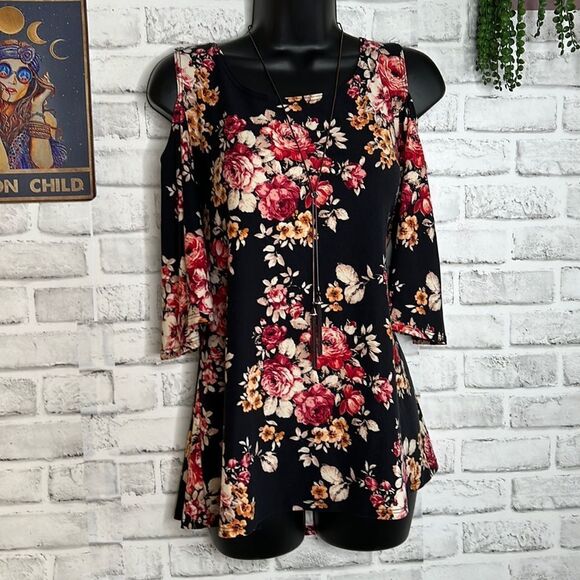 Star Vixen Open Shoulder Floral Top Shirt Boho Hippie Loose Oversized Medium - Picture 3 of 5